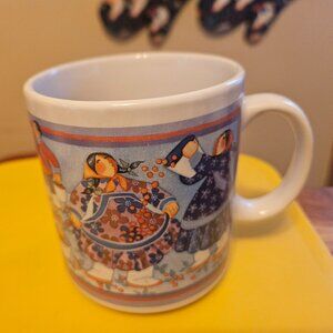vintage Barbara Lavallee mug with her artwork people pick berries Alaskan life
